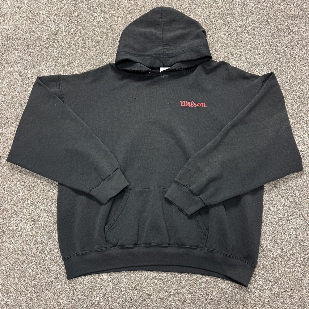 Vintage Wilson Hoodie Mens 2XL Black Faded Distressed Kangaroo Sweatshirt